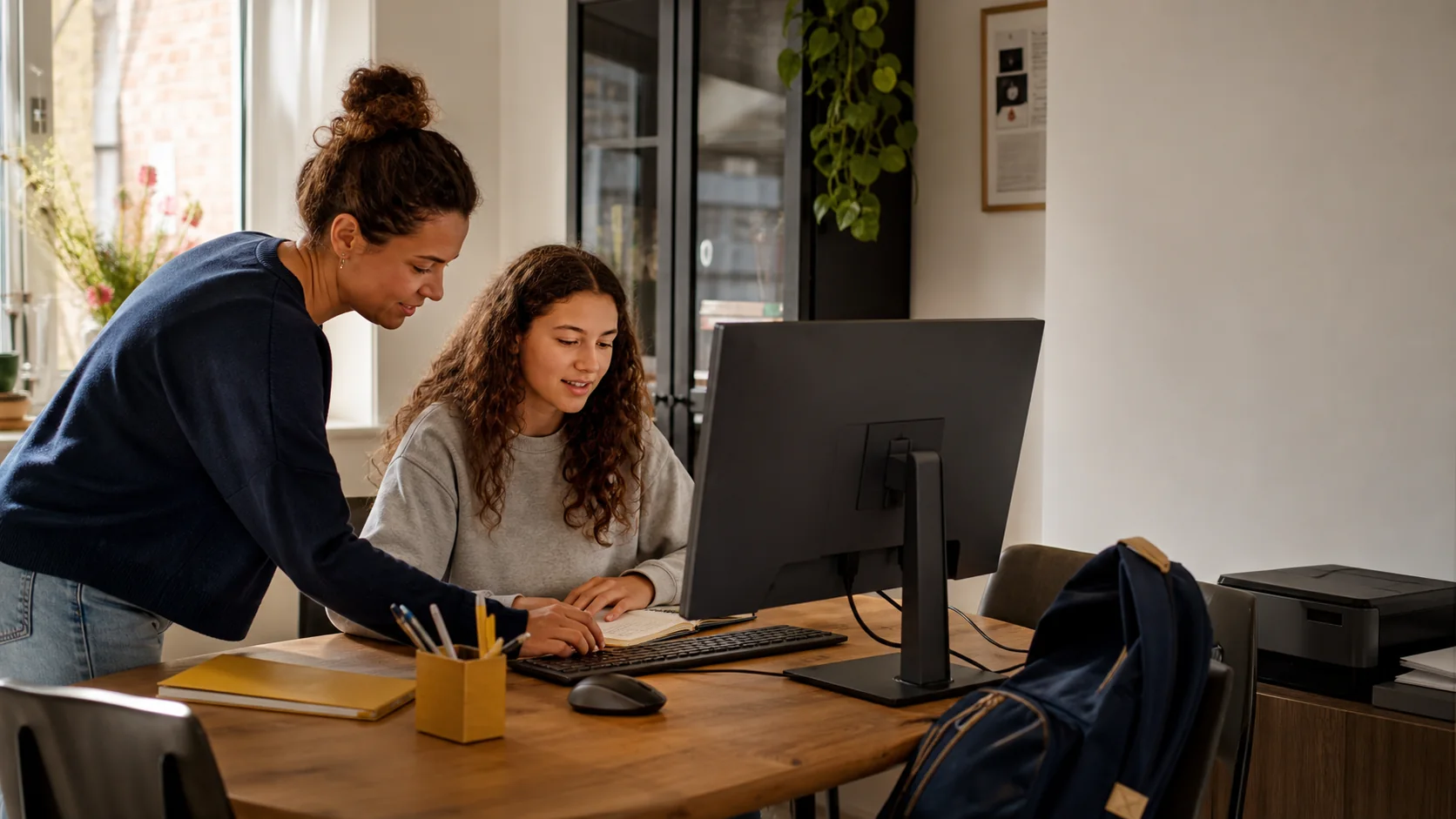 Ouder en scholier die samen een thuiswerkplek met monitor en toetsenbord klaarmaken