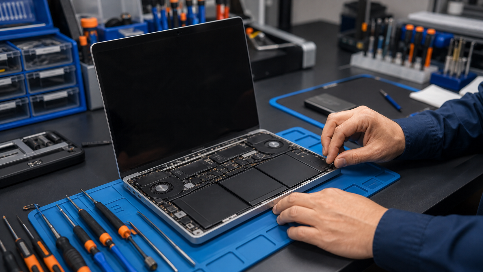 Apple laptop wordt geopend en gecontroleerd op een schone reparatiewerkbank.