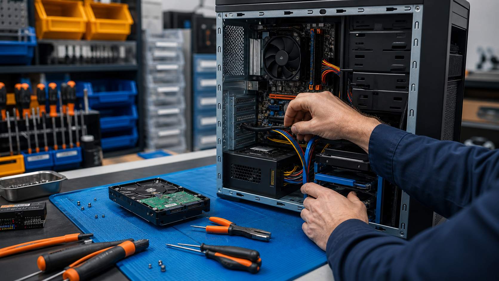 Desktop computer wordt nagekeken op een nette reparatiewerkbank.