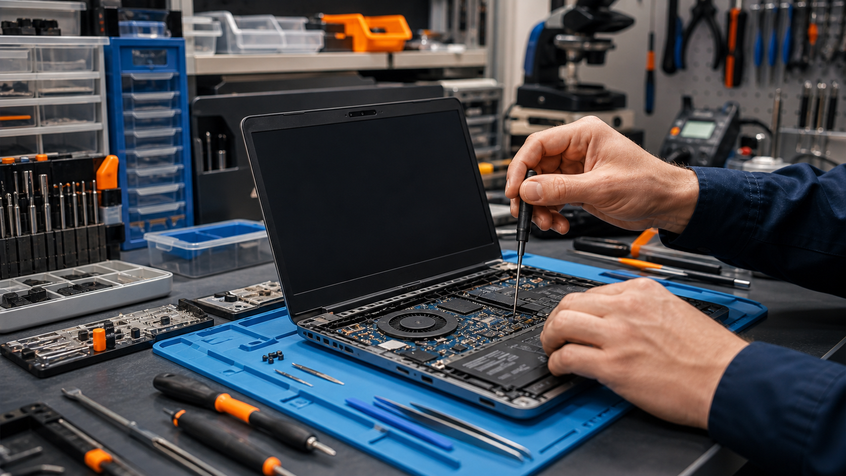 Technicus repareert een geopende laptop met precisiegereedschap.