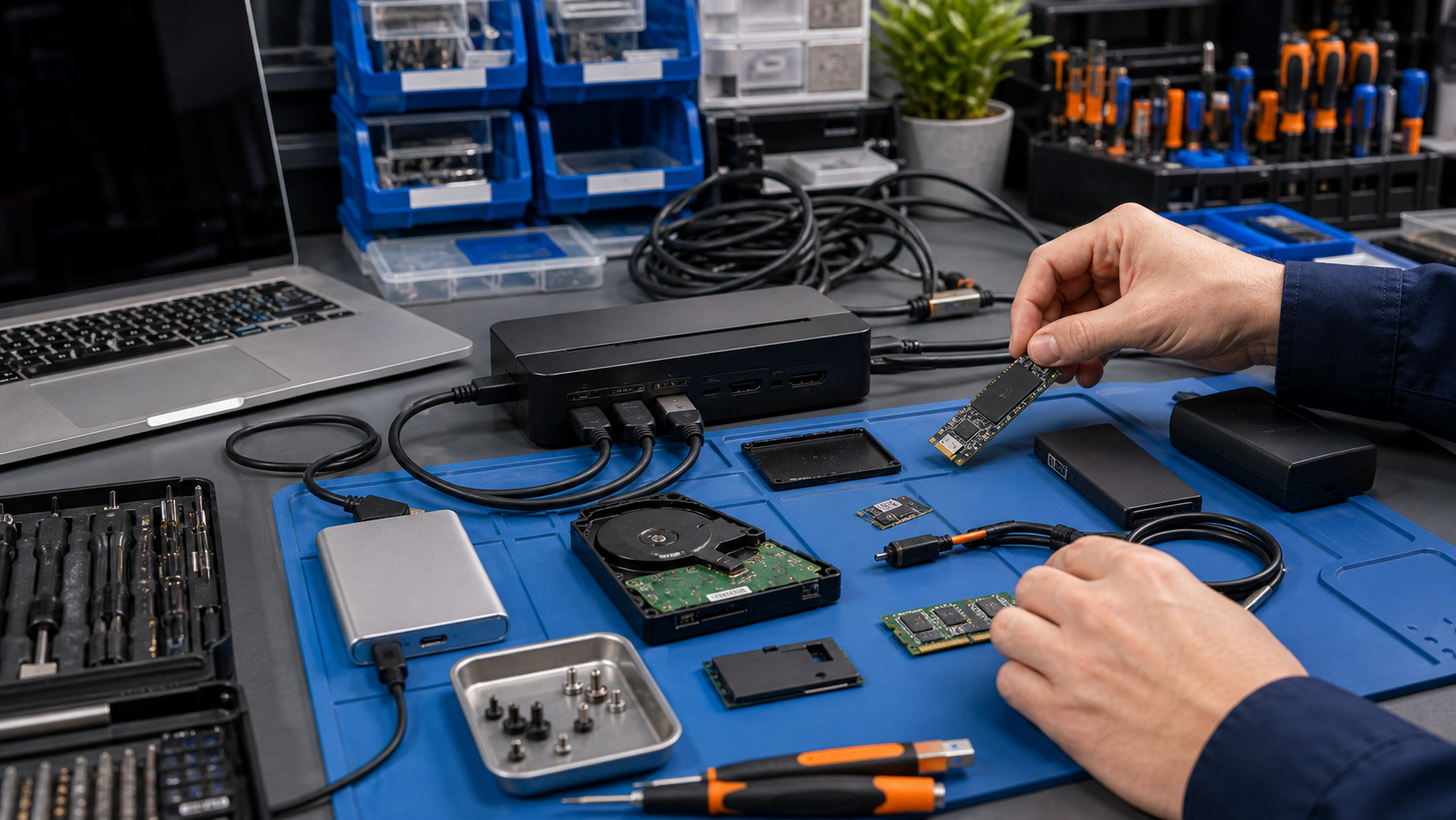 Diverse computeronderdelen en apparaten liggen klaar voor diagnose.