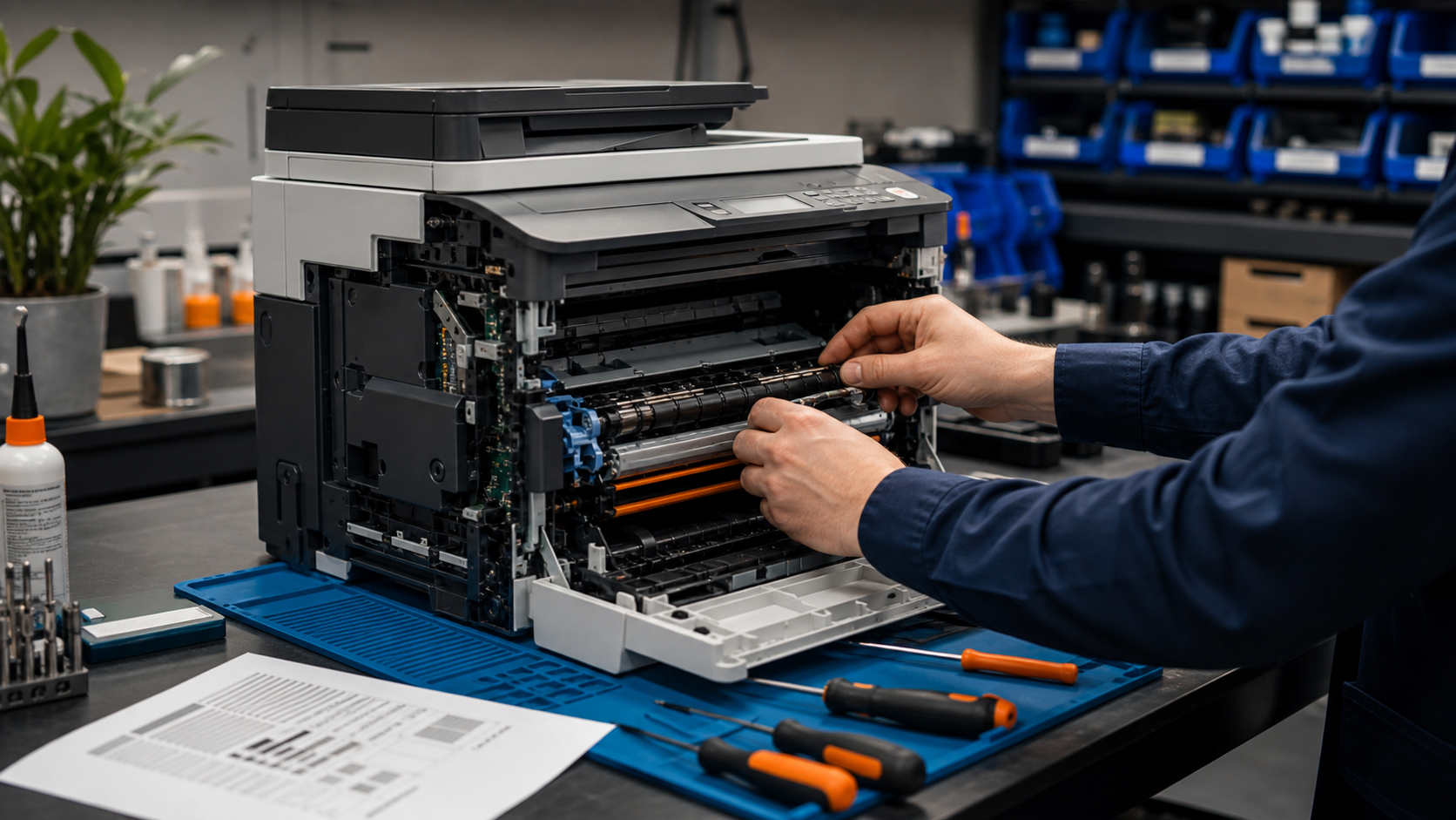 Printer wordt gecontroleerd naast gereedschap en testpagina op een reparatiebalie.