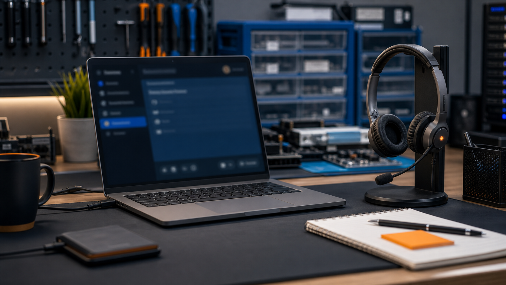 Technicus biedt hulp op afstand vanaf een nette servicewerkplek.