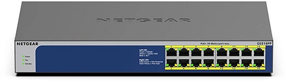 NETGEAR GS516PP Unmanaged Gigabit Ethernet (10/100/1000) Power over Ethernet (PoE) Blauw, Grijs – 0