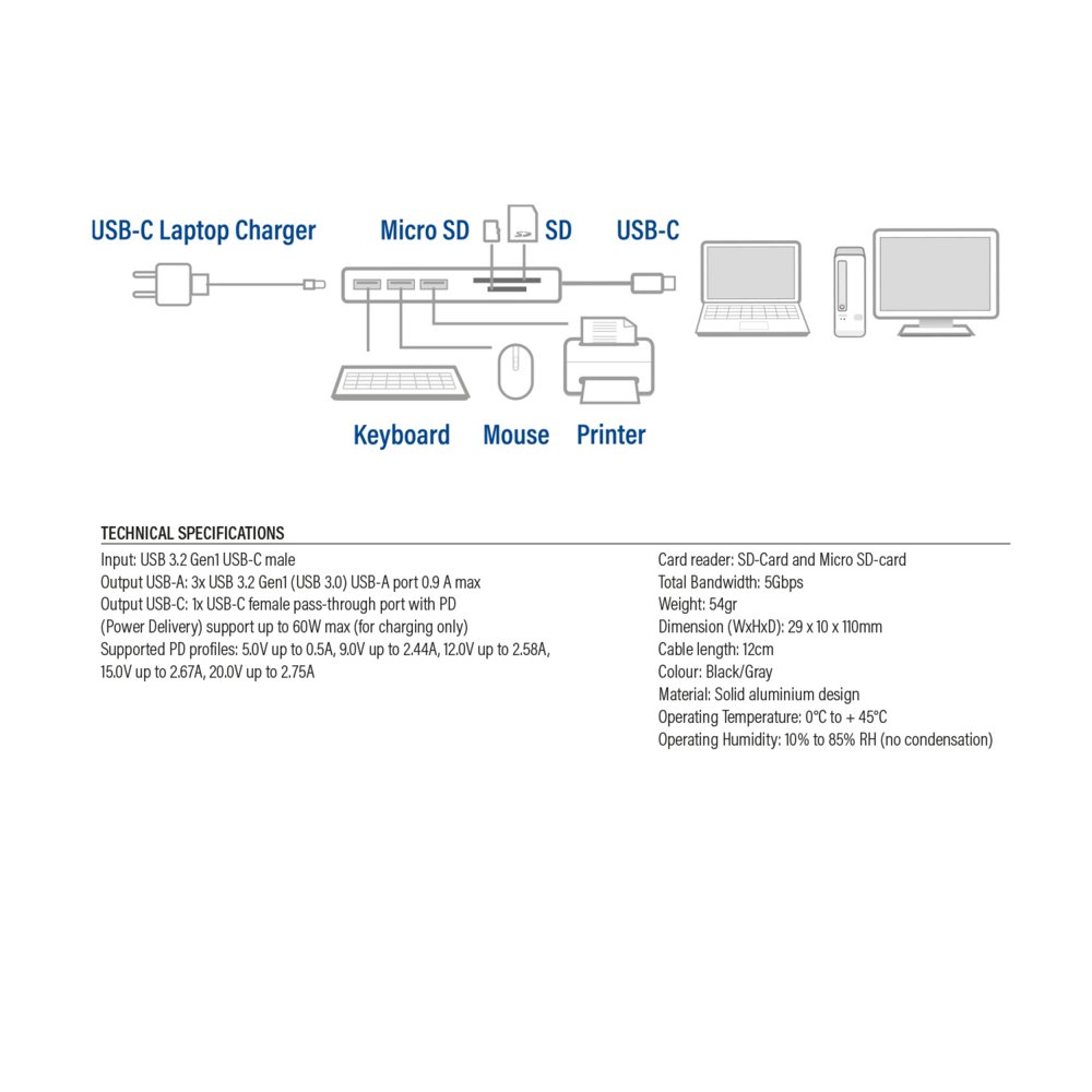 ACT AC7050 3-Poorts USB-C 3.2 Gen1 (USB 3.0) Hub met kaartlezer en PD Pass-Through poort – 7