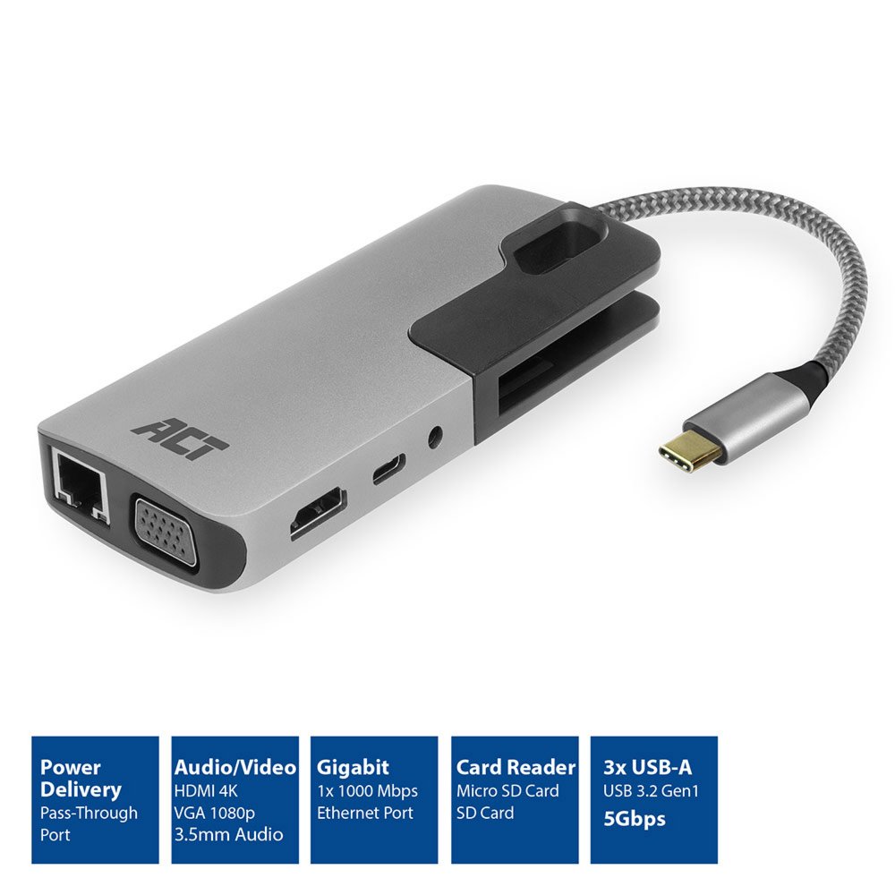 ACT AC7043 USB-C naar HDMI of VGA multiport adapter met ethernet, USB hub, cardreader, audio en PD pass through – 1