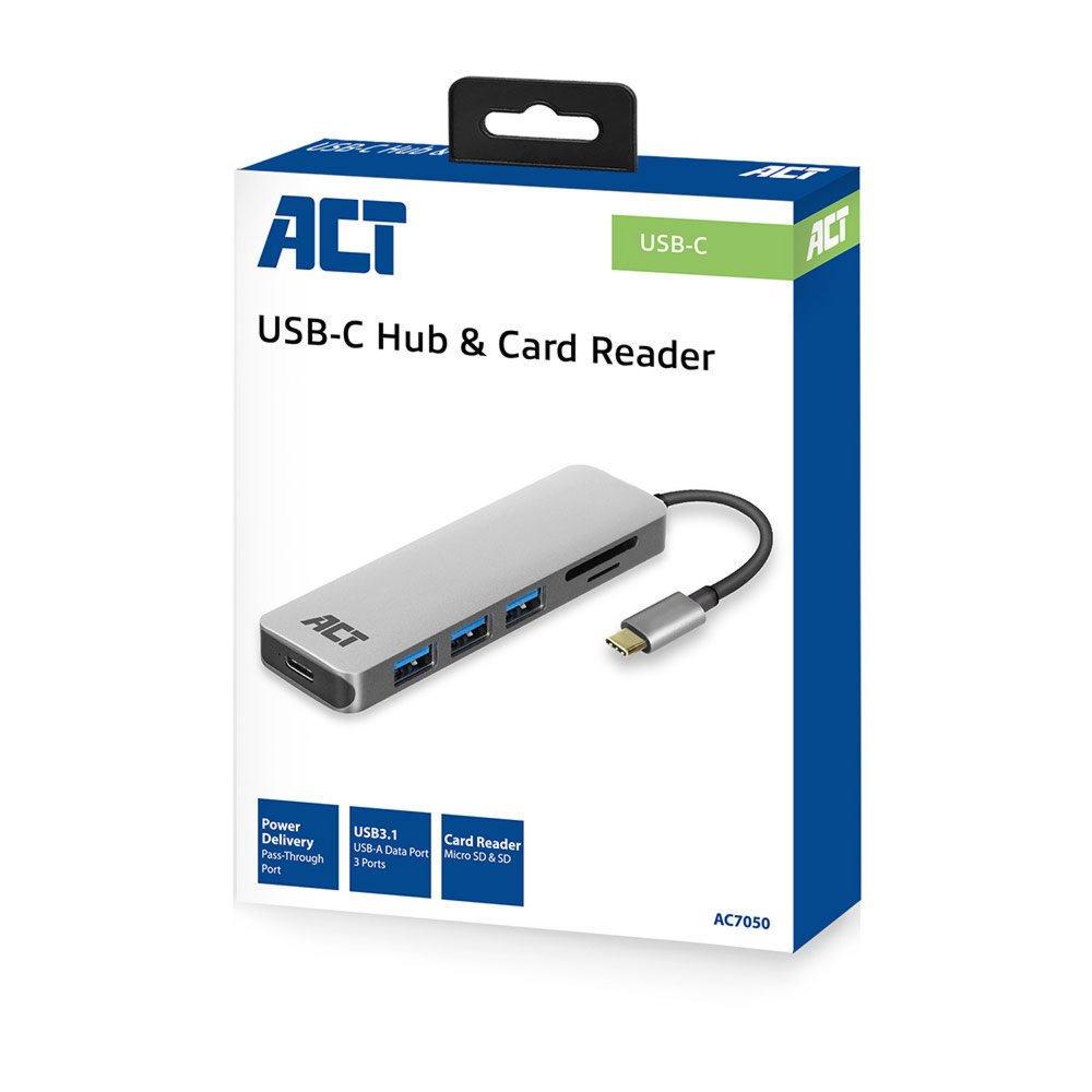 ACT AC7050 3-Poorts USB-C 3.2 Gen1 (USB 3.0) Hub met kaartlezer en PD Pass-Through poort – 3