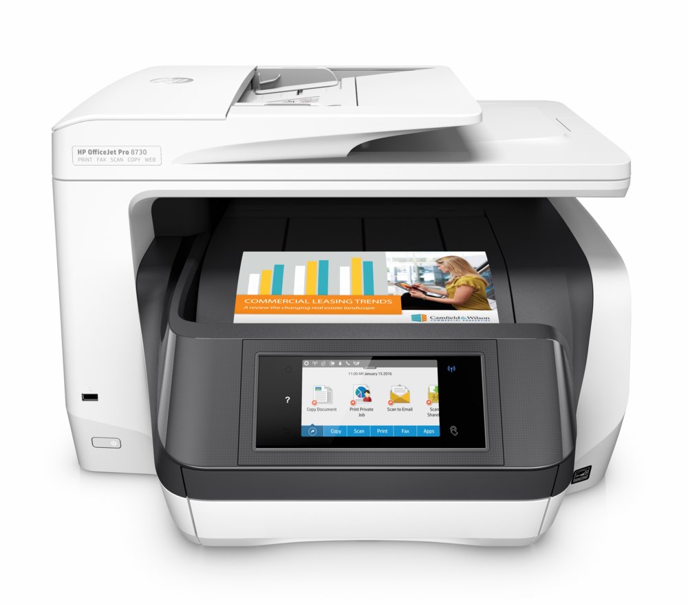 HP OfficeJet Pro 8730 All-in-One printer, Printen, kopiëren, scannen, faxen, Invoer voor 50 vel; Printen via USB-poort aan voorzijde; Scans naar e-mail/pdf; Dubbelzijdig printen – 1