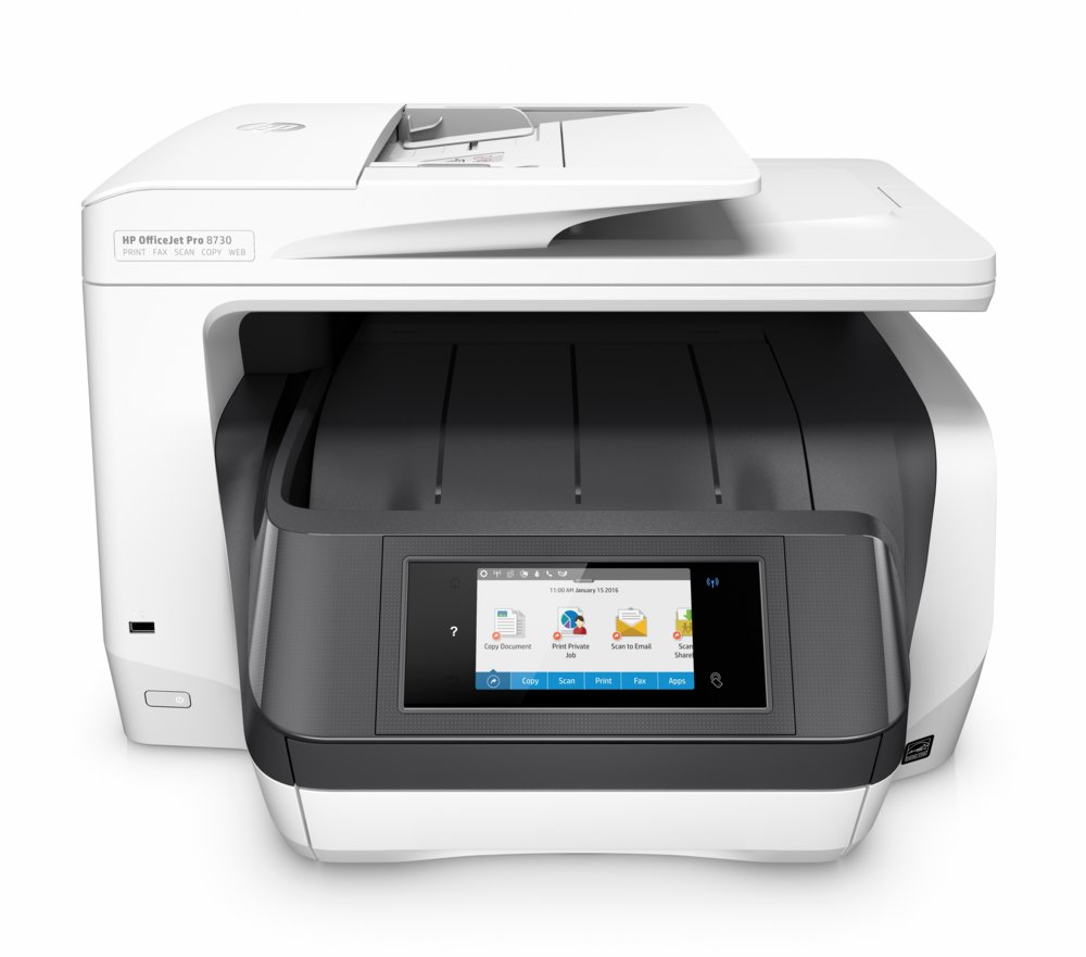 HP OfficeJet Pro 8730 All-in-One printer, Printen, kopiëren, scannen, faxen, Invoer voor 50 vel; Printen via USB-poort aan voorzijde; Scans naar e-mail/pdf; Dubbelzijdig printen – 0