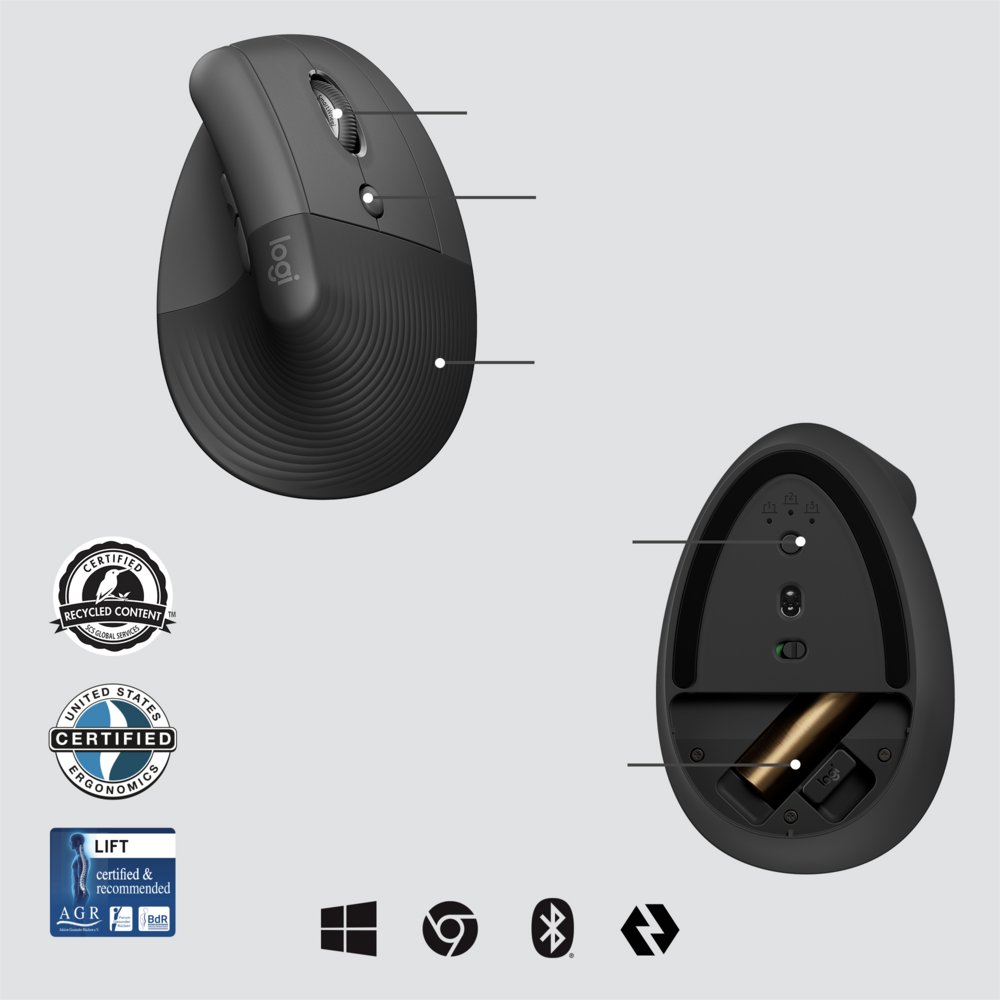 Logitech Lift for Business muis Rechtshandig RF-draadloos + Bluetooth Optisch 4000 DPI – 5