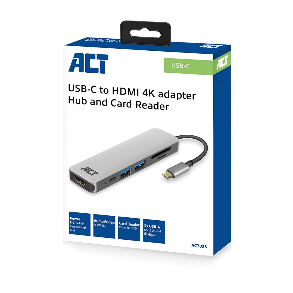 ACT AC7023 USB-C naar HDMI multiport adapter 4K, USB hub, cardreader, PD pass through – 4