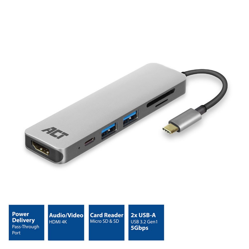 ACT AC7023 USB-C naar HDMI multiport adapter 4K, USB hub, cardreader, PD pass through – 1