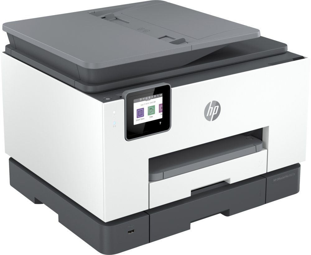 HP OfficeJet Pro 9022e All-in-One-printer, Printen, kopiëren, scannen, faxen, Automatische invoer voor 35 vellen; Printen via USB-poort aan voorzijde; Scannen naar e-mail; Dubbelzijdig printen – 2