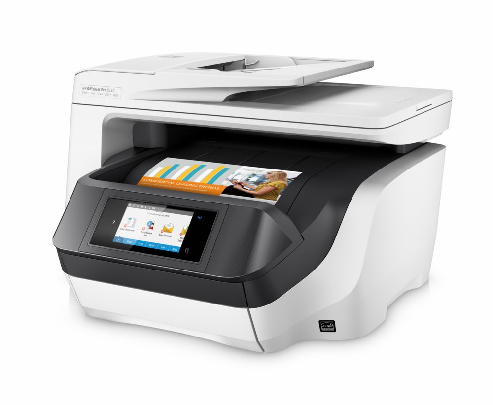 HP OfficeJet Pro 8730 All-in-One printer, Printen, kopiëren, scannen, faxen, Invoer voor 50 vel; Printen via USB-poort aan voorzijde; Scans naar e-mail/pdf; Dubbelzijdig printen – 3