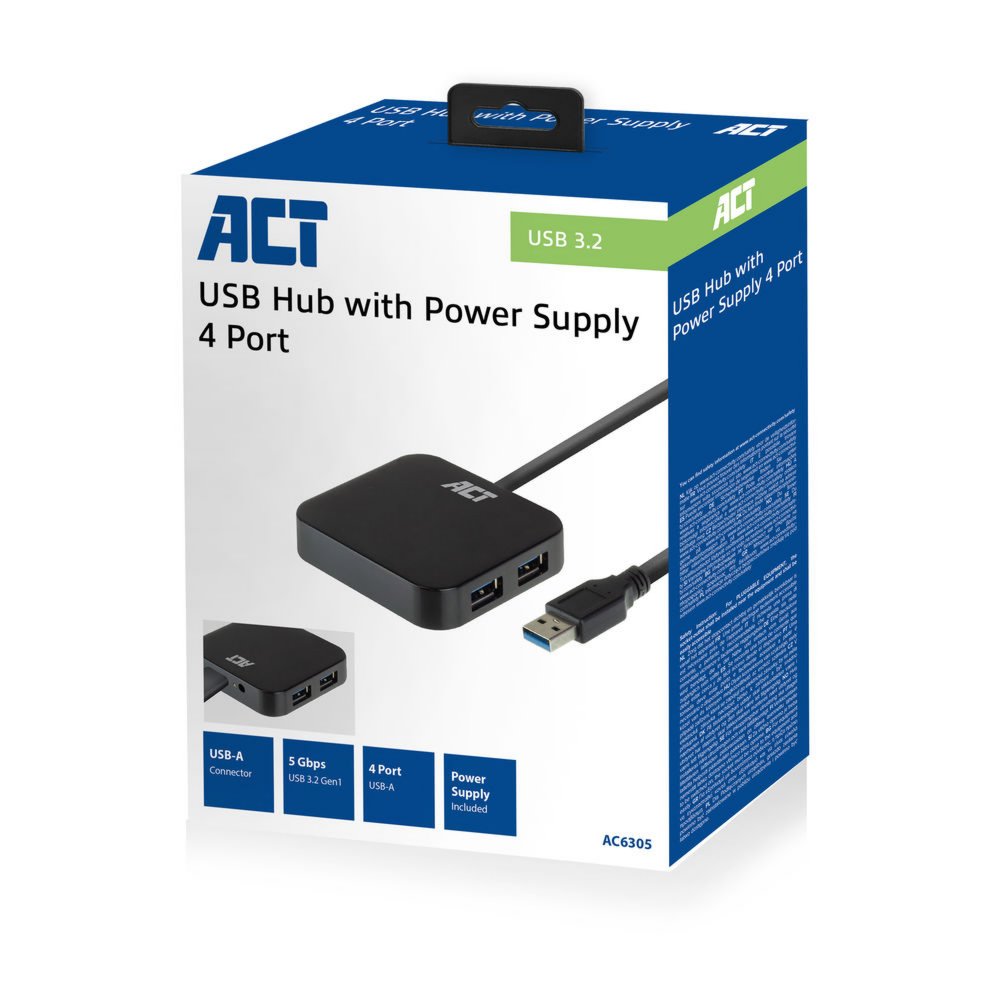 ACT AC6305 interface hub USB 3.2 Gen 1 (3.1 Gen 1) Type-A 5000 Mbit/s Zwart – 1