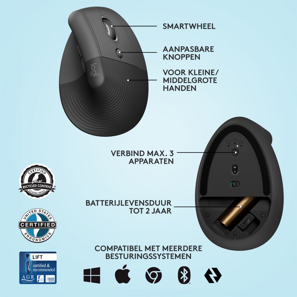 Logitech Lift muis Rechtshandig RF-draadloos + Bluetooth Optisch 4000 DPI – 8
