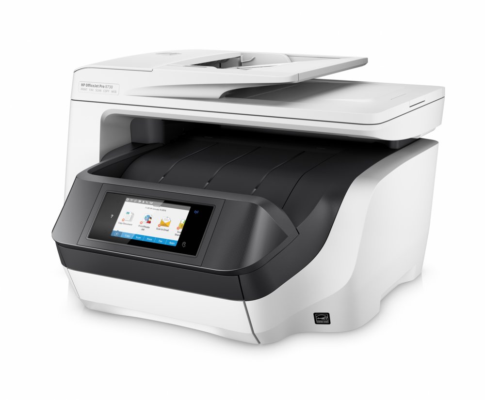 HP OfficeJet Pro 8730 All-in-One printer, Printen, kopiëren, scannen, faxen, Invoer voor 50 vel; Printen via USB-poort aan voorzijde; Scans naar e-mail/pdf; Dubbelzijdig printen – 2