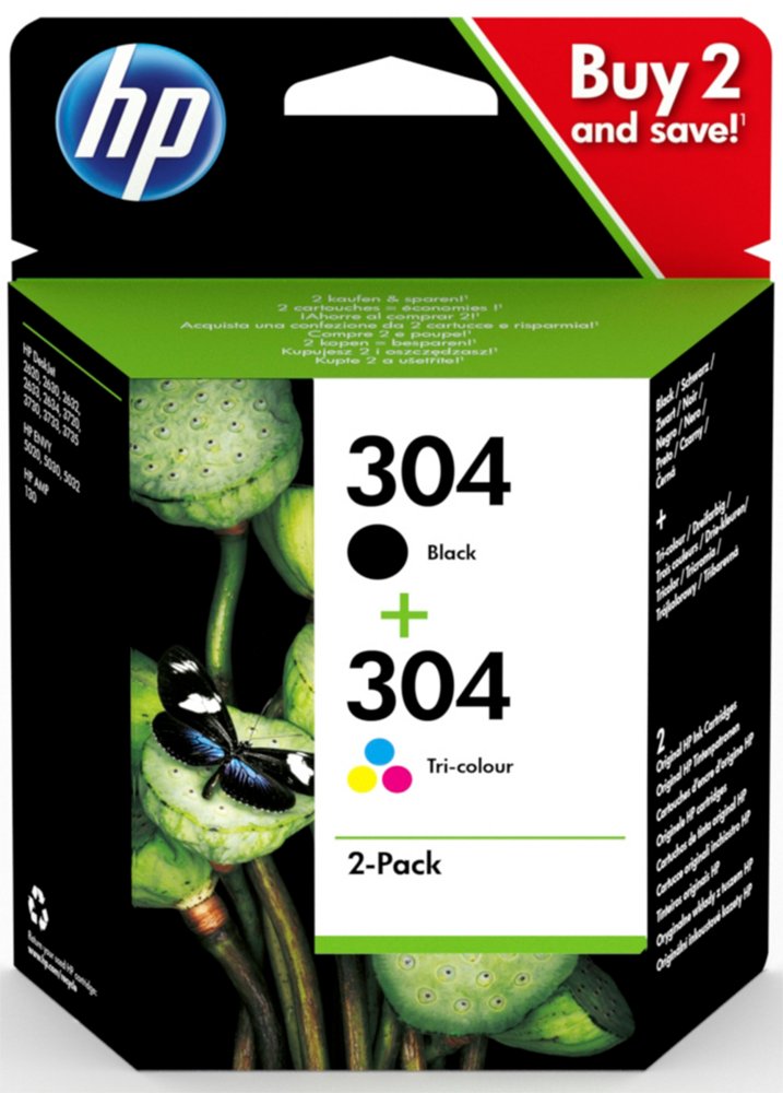 HP 304 originele zwarte/drie-kleuren inktcartridges, 2-pack – 0