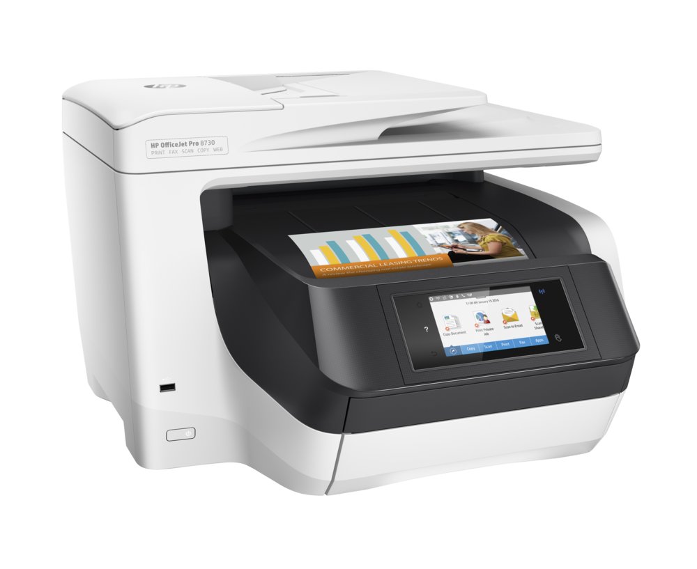 HP OfficeJet Pro 8730 All-in-One printer, Printen, kopiëren, scannen, faxen, Invoer voor 50 vel; Printen via USB-poort aan voorzijde; Scans naar e-mail/pdf; Dubbelzijdig printen – 6