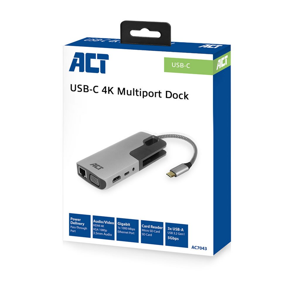 ACT AC7043 USB-C naar HDMI of VGA multiport adapter met ethernet, USB hub, cardreader, audio en PD pass through – 5
