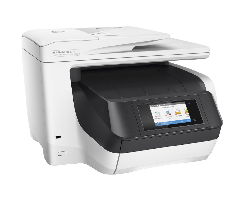 HP OfficeJet Pro 8730 All-in-One printer, Printen, kopiëren, scannen, faxen, Invoer voor 50 vel; Printen via USB-poort aan voorzijde; Scans naar e-mail/pdf; Dubbelzijdig printen – 4
