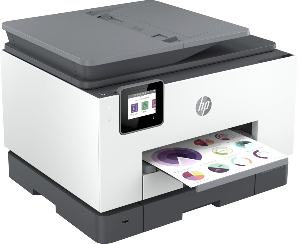 HP OfficeJet Pro 9022e All-in-One-printer, Printen, kopiëren, scannen, faxen, Automatische invoer voor 35 vellen; Printen via USB-poort aan voorzijde; Scannen naar e-mail; Dubbelzijdig printen – 3