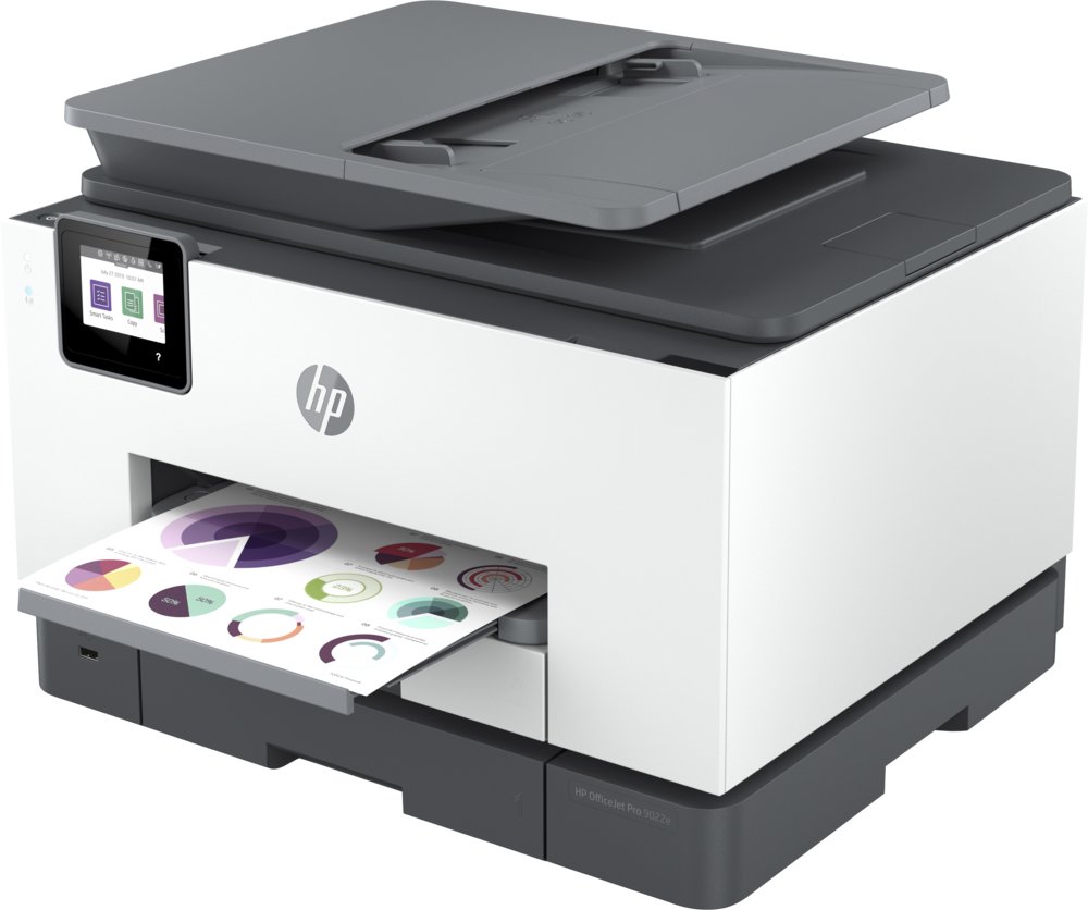 HP OfficeJet Pro 9022e All-in-One-printer, Printen, kopiëren, scannen, faxen, Automatische invoer voor 35 vellen; Printen via USB-poort aan voorzijde; Scannen naar e-mail; Dubbelzijdig printen – 1