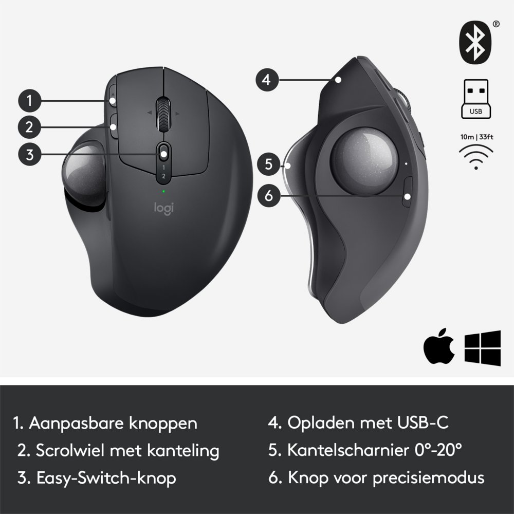 Logitech MX Ergo muis Rechtshandig RF draadloos + Bluetooth Trackball 440 DPI – 5
