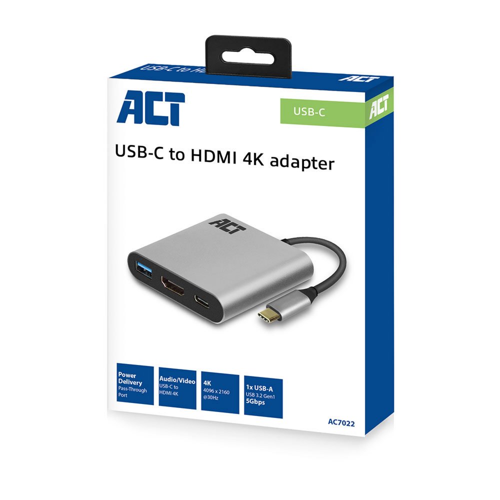 ACT AC7022 USB-C naar HDMI female adapter met PD Pass-Through 60W, 4K, USB-A – 2