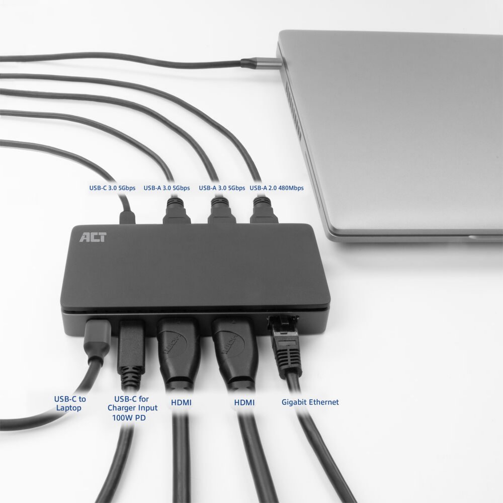 ACT USB-C 4K MST dockingstation voor 2 HDMI-monitoren, Ethernet, USB-C, 3x USB-A, PD passthrough en 1 meter lange afneembare USB-C-kabel – 7