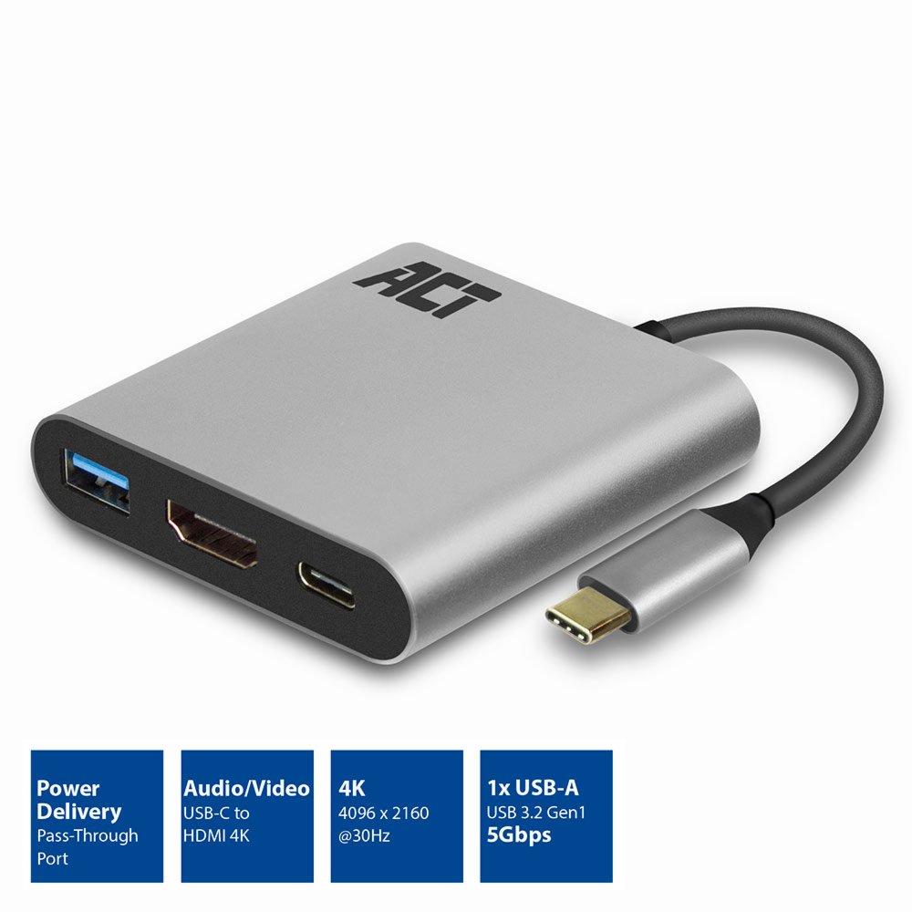 ACT AC7022 USB-C naar HDMI female adapter met PD Pass-Through 60W, 4K, USB-A – 1