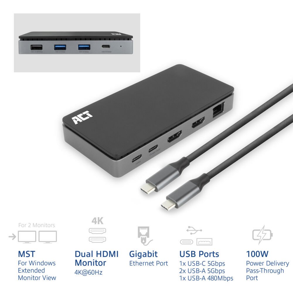 ACT USB-C 4K MST dockingstation voor 2 HDMI-monitoren, Ethernet, USB-C, 3x USB-A, PD passthrough en 1 meter lange afneembare USB-C-kabel – 3