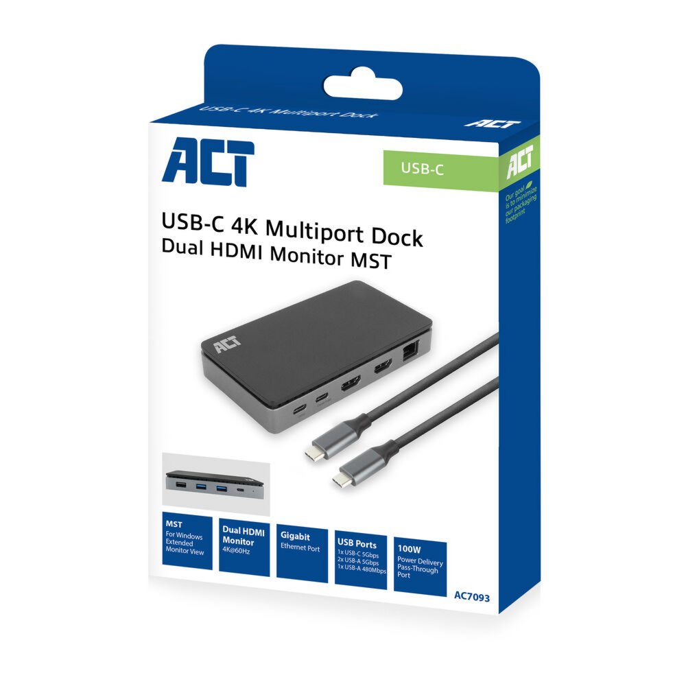 ACT USB-C 4K MST dockingstation voor 2 HDMI-monitoren, Ethernet, USB-C, 3x USB-A, PD passthrough en 1 meter lange afneembare USB-C-kabel – 2