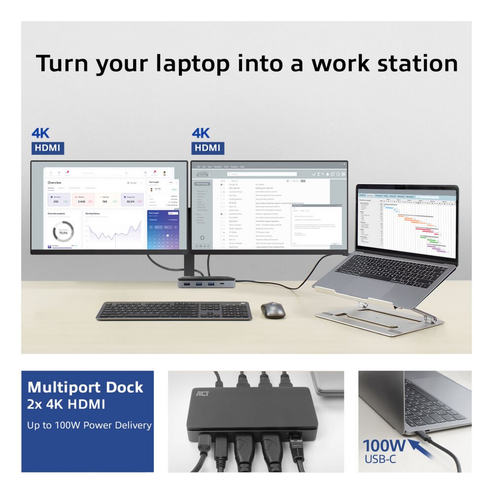 ACT USB-C 4K MST dockingstation voor 2 HDMI-monitoren, Ethernet, USB-C, 3x USB-A, PD passthrough en 1 meter lange afneembare USB-C-kabel – 9