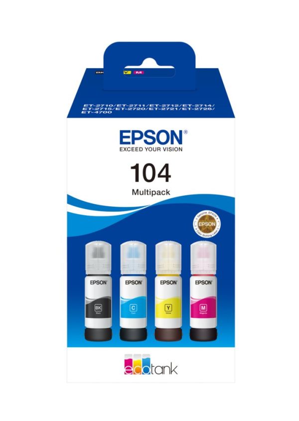 Epson 104 EcoTank Inktfles Multipack | Kleuren: Zwart, Cyaan, Magenta, Geel | Compatibel met Epson EcoTank-printers - 0
