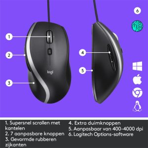 Logitech M500s Advanced | Bekabelde Muis | Rechtshandig | USB-A | 4000 DPI | Zwart/Zilver - Afbeelding 6