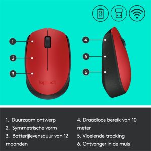 Logitech M171 | Draadloze Muis | Links- en Rechtshandig | RF | 1000 DPI | Rood/Zwart - Afbeelding 9