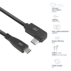 ACT AC7408 | USB 3.2 Gen 2 Kabel | USB-C (recht) naar USB-C (haaks links/rechts) | 60W | 10Gbps | 3m | Zwart - Afbeelding 7