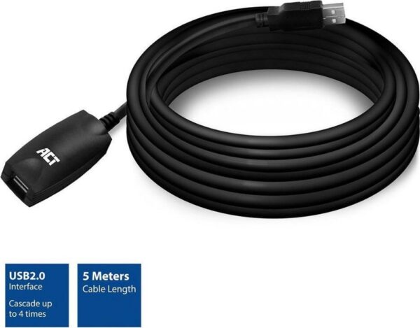ACT AC6005 | USB 2.0 Signaalversterker | USB-A naar USB-A | 5m | Zwart - 0