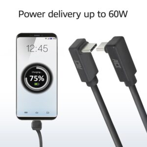 ACT AC7477 | USB 3.2 Gen 2 Kabel | USB-C (haaks boven/beneden) naar USB-C (haaks boven/beneden) | 60W | 10Gbps | 1m | Zwart - Afbeelding 4