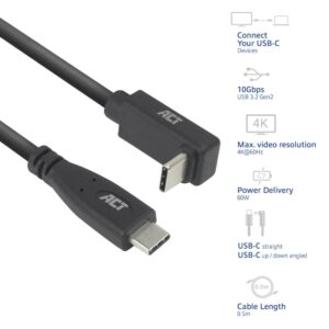ACT AC7470 | USB 3.2 Gen 2 Kabel | USB-C (recht) naar USB-C (haaks boven/beneden) | 60W | 10Gbps | 0,5m | Zwart - Afbeelding 3