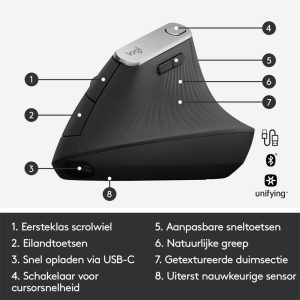 Logitech MX Vertical | Draadloze Ergonomische Muis | Rechtshandig | RF + Bluetooth + USB-C | 4000 DPI suggestie | Grafiet - Afbeelding 7