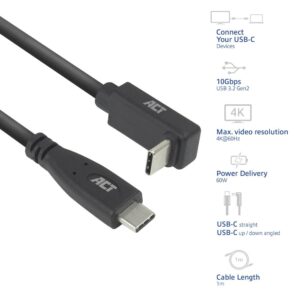 ACT AC7471 | USB 3.2 Gen 2 Kabel | USB-C (recht) naar USB-C (haaks boven/beneden) | 60W | 10Gbps | 1m | Zwart - Afbeelding 7