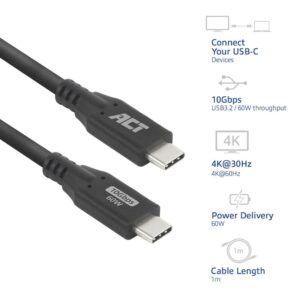 ACT | USB 3.0 Kabel | 10Gbps | 60W | USB-C naar USB-C | 1m | Zwart - Afbeelding 1