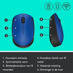Logitech M171 | Draadloze Muis | Links- en Rechtshandig | RF | 1000 DPI | Zwart/Blauw - Afbeelding 8