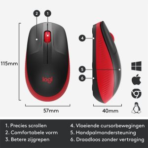 Logitech M190 | Draadloze Muis | Links- en Rechtshandig | RF | 1000 DPI | Zwart/Rood - Afbeelding 6