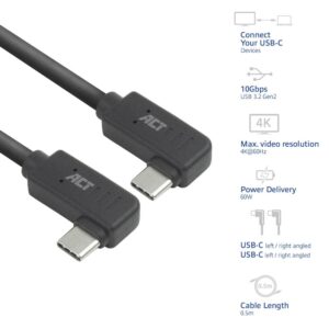 ACT AC7486 | USB 3.2 Gen 2 Kabel | USB-C (haaks links/rechts) naar USB-C (haaks links/rechts) | 60W | 10Gbps | 0,5m | Zwart - Afbeelding 4