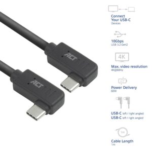 ACT AC7487 | USB 3.2 Gen 2 Kabel | USB-C (haaks links/rechts) naar USB-C (haaks links/rechts) | 60W | 10Gbps | 1m | Zwart - Afbeelding 7