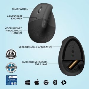 Logitech Lift | Ergonomische Draadloze Muis | Linkshandig | RF + Bluetooth | 4000 DPI | Grafiet - Afbeelding 11
