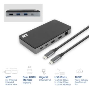 ACT AC7093 | USB-C 4K Docking Station | 2x HDMI + Ethernet + USB-C/USB-A + PD | 1m Kabel - Afbeelding 5